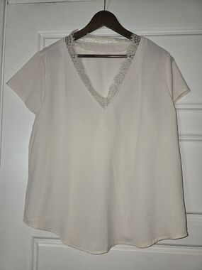 Women's V-Neck Lace Trim Top - Light Cream